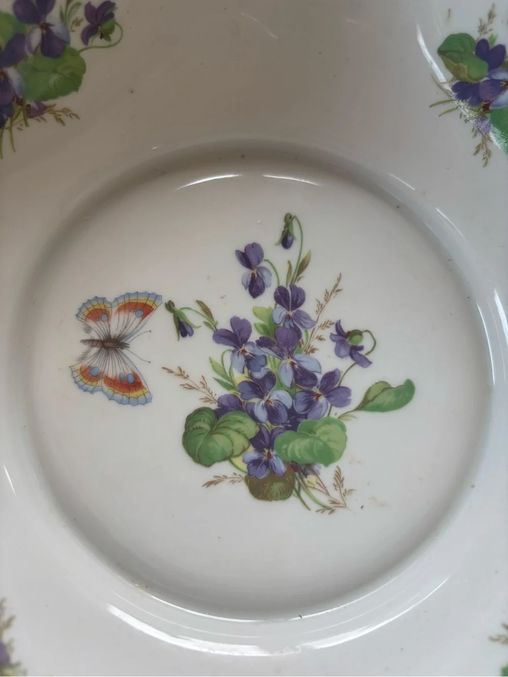 Limoges France Vintage Porcelain Violets and Butterflies Square Scalloped Bowl